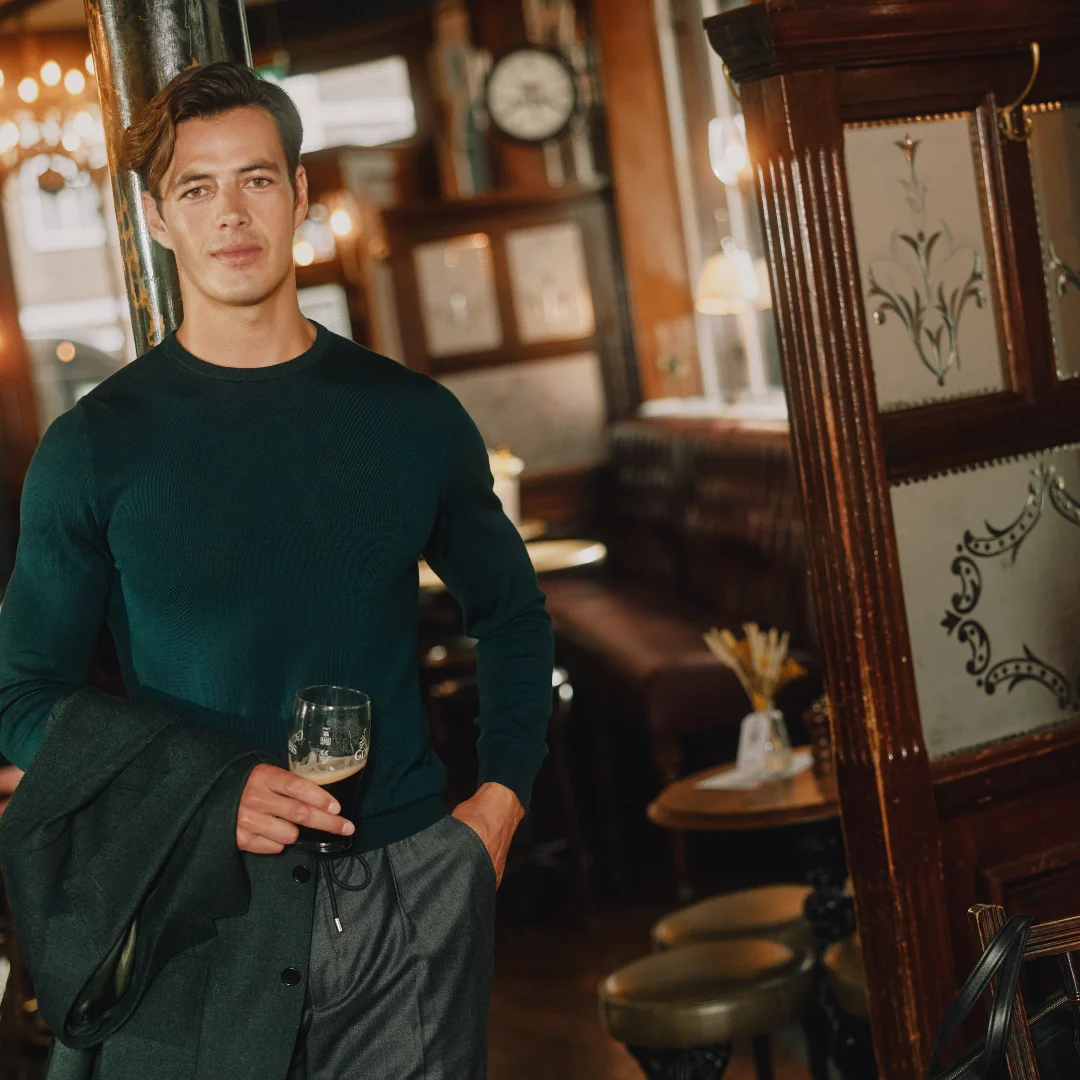 Man wearing jumper from Hawkes & Curtis