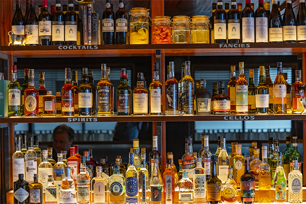 Spirit bottles on a well-stocked bar