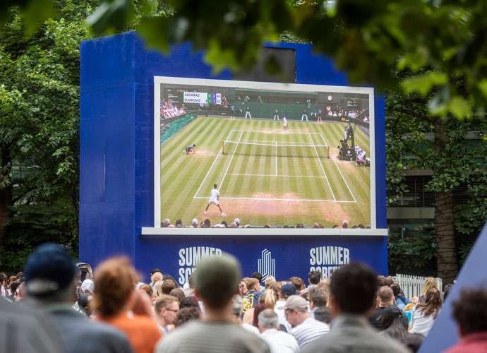 Wimbledon final 2023 being screened outside Canada Square park theatre