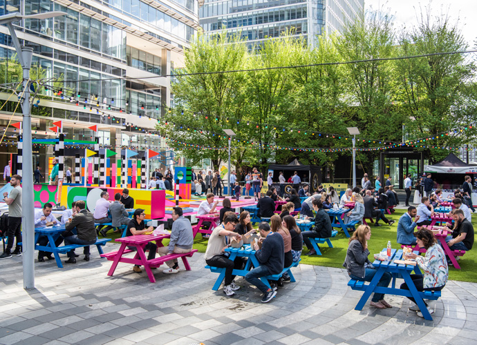 Vibrant lunch market in Montgomery Square
