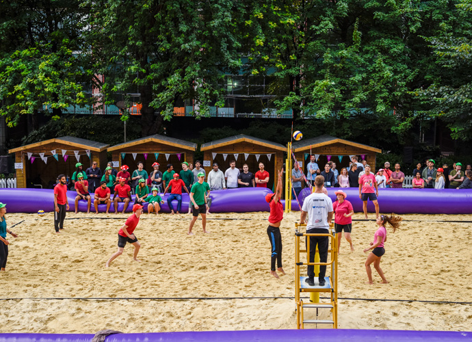 A summer oasis with one full sized beach volleyball court in canary wharf