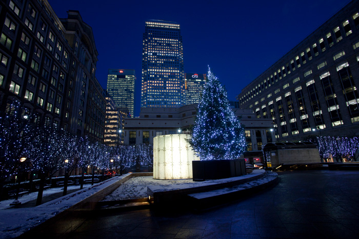 Christmas decorations and lights at Canary Wharf throughout the shopping malls and around the estate.