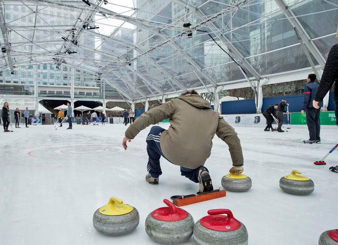 Playing Curling in Canary wharf