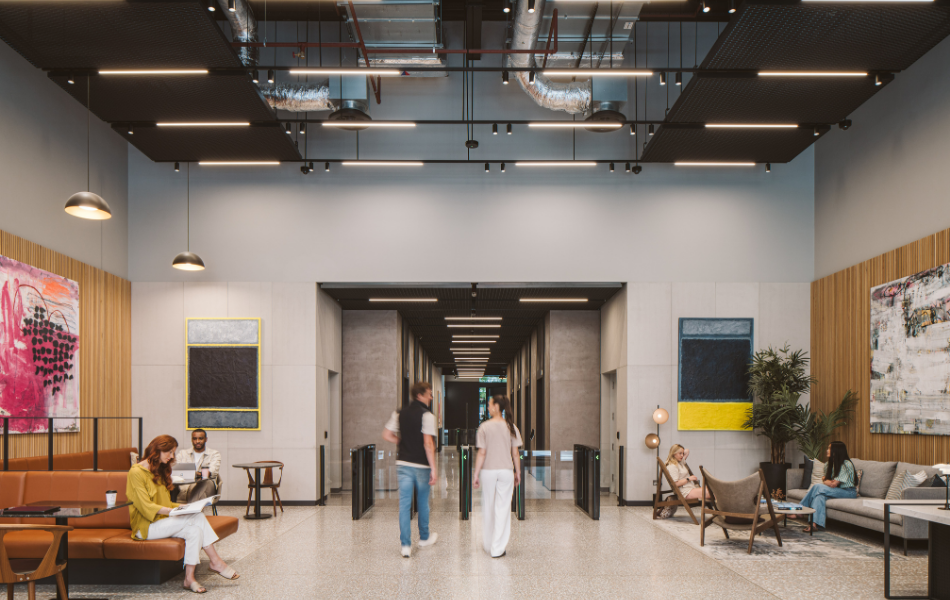 people in reception area of office