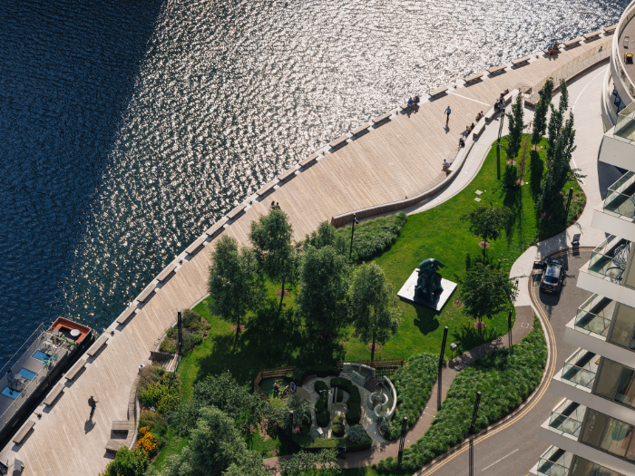 birds eye view looking over water and parks