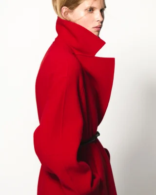 women in red coat