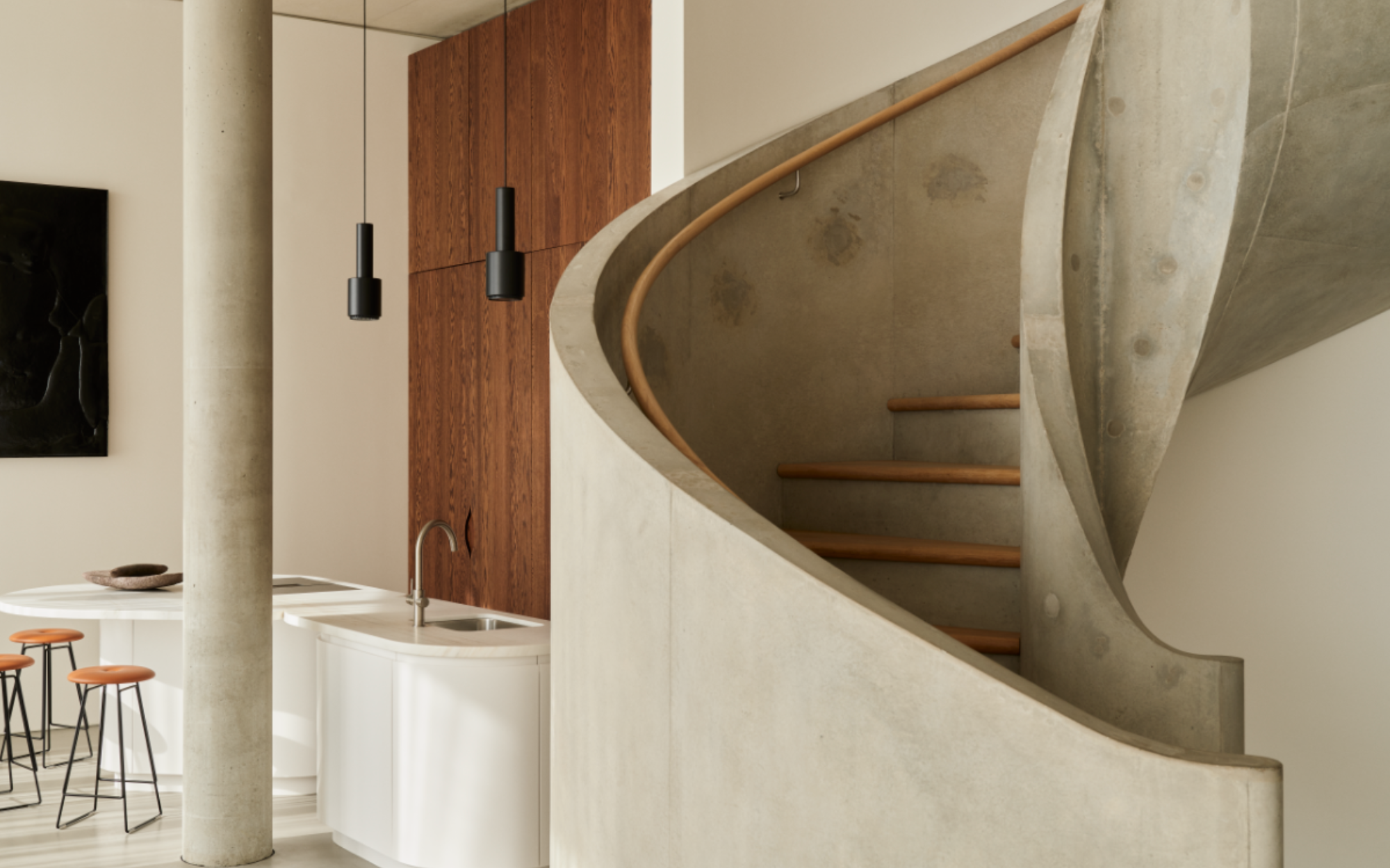 kitchen and staircase in One Park Drive