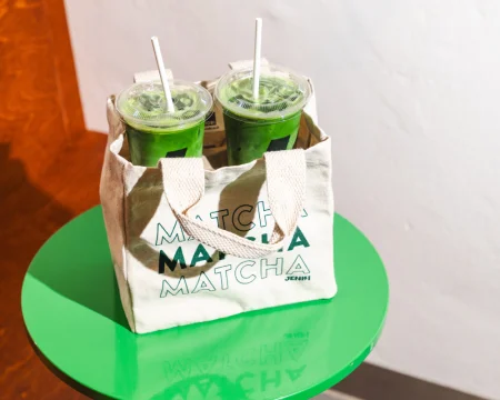 matcha in a tote bag